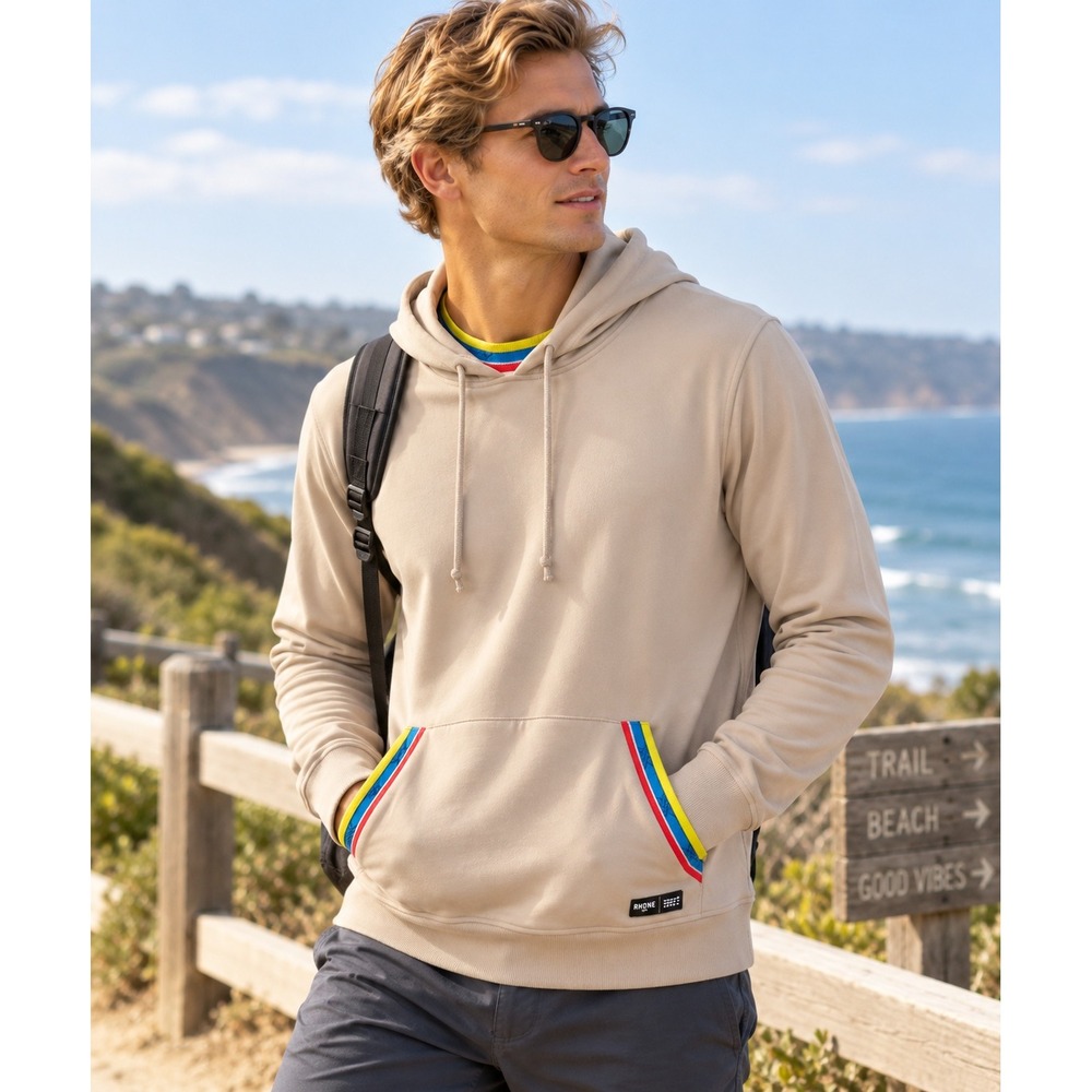 Rhone Mens M Performance Hoodie Beige Stretch Multicolor Stripe Pullover Pocket
